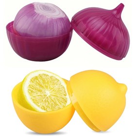 Resim 2 adet Limon ve Soğan Gıda Saklama Kapları - Canlı Meyve ve Sebze Şekilli Kaplar, Tersi Açık Kapaklar, Dayanıklı Plastik Mutfak Organizatörleri, Taze Kalma, Alan Tasarrufu Tasarımı, Sadece Elde Yıkama, Limon Saklama, Soğan Saklama 