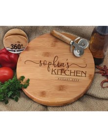 Resim Bk Gift Kişiye Özel Isimli Bambu Ahşap Döner Tablalı Pizza Tahtası-6, Pizza Kesme Tahtası Seti, Şarküteri Tahtası, Servis Tepsisi, Ahşap Tabak, Eve Taşınma Hediyesi 