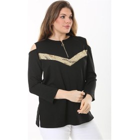 Resim Kadın Büyük Beden Siyah Omuz Dekolteli Robası Fermuarlı Payet Detaylı Bluz 65n37509-siyah Siyah 