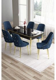 Resim Canisa Tia Serisi 80x132 Açılabilir Siyah Mermer Desen Gold Detay Masa Takımı Ve 6 Lacivert Sandalye Masa Siyah Mermer Desen Sandalye Lacivert 