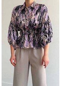 Resim Beli Lastikli Saten Gömlek - Lila Lila 