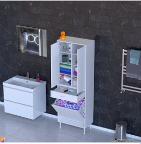 Resim Modilayn Yeni Afra 55x173x32,5cm 1 Çekmece, 1 Göz Sepet, 2 Kapak, 8 Raf Dar Alan Banyo Dolabı Beyaz 