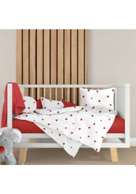 Resim Lüks Ranforce Kumaşından Kırmızı Kalpli Bebek Nevresim Takımı 100x150 Beyaz - Kırmızı 
