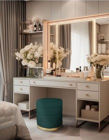 Resim Lungo Roller Gold Kaplama Luxery Puf-yeşil Babyface Kumaş Pofuduk Oturma Pufu&makyaj Pufu&bench 