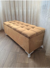 Resim Çizgi Kapitoneli Sandıklı Puf 100 Cm Beyaz Ayak Vizon 