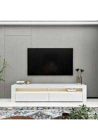 Resim Batı LED Işıklı 2 Kapaklı TV Sehpası – 150 cm – Minimal Tasarım, Parlak Beyaz 
