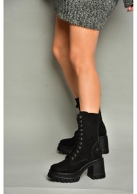 Resim Fox Shoes T973559002 Siyah Süet Kalın Topuklu Kadın Postal Bot Siyah 