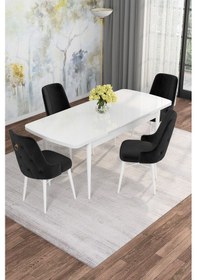 Resim Mona Beyaz 80x132 Açılabilir Mdf Masa Yemek Odası Takımı, Mutfak Takımı 4 Adet Sandalye Beyaz Masa - 4 Siyah - Beyaz Ayak 