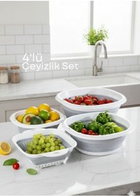 Resim Çeyizlik 4 Lü Katlanır Badya Leğen Süzgeç Seti Akordiyon Tasarım, Yer Tasarrufu Beyaz Gri 