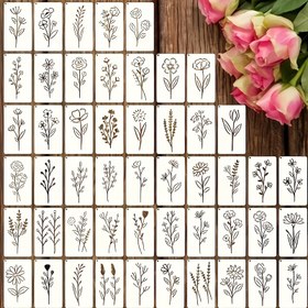 Resim 50 Adet Yabani Çiçek ve Bitki Şablon Seti - Dayanıklı Beyaz Plastik, DIY El İşleri, Ahşap Boyama ve Kart Yapımı İçin Mükemmel | Mobilya Tasarımı için Çeşitli Çiçek Desenleri Dahil 