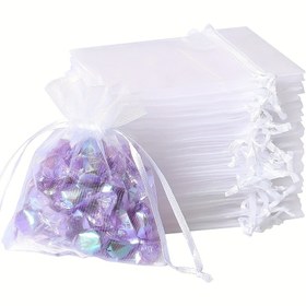 Resim 50 Adet Beyaz Organze Çanta, 5.08x7.62cm Şeffaf Düğün Partisi Hediye Çantaları Bağcıklı, Takı Hediye Çantaları Noel Şeker Keseleri 