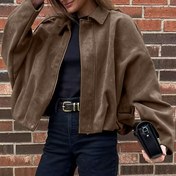 Resim Kadın Vintage Bomber Ceket - Bol Kesim Uzun Kollu Fermuarlı, Düşük Omuz Tasarımlı, Kahverengi Günlük Dış Giyim Sonbahar/Kışlık, Esnemeyen Kumaş, Günlük Giyim İçin Mükemmel, Sonbahar Kış Ceketi | Vintage Bomber Tarzı | Fermuarlı Ceket 