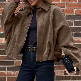 Resim Kadın Vintage Bomber Ceket - Bol Kesim Uzun Kollu Fermuarlı, Düşük Omuz Tasarımlı, Kahverengi Günlük Dış Giyim Sonbahar/Kışlık, Esnemeyen Kumaş, Günlük Giyim İçin Mükemmel, Sonbahar Kış Ceketi | Vintage Bomber Tarzı | Fermuarlı Ceket 
