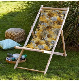 Resim Sarı Tropikal Katlanır Şezlong Ahşap Fırınlanmış Gürgen Ağacı, Süet Kumaş Çok Renkli 