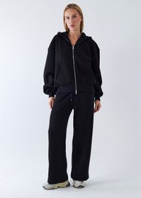 Resim Kadın Oversize Eşofman Takımı Zip Siyah - Fermuarlı, Kapüşonlu, Bol Paça, 3 İplik Şardonlu Polar - L / SİYAH 
