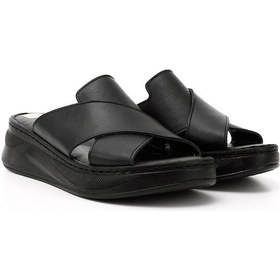 Resim Gönderi(R) Gönderi R Siyah Çapraz Bantlı Dolgu Topuk Hakiki Deri Comfort Terlik Siyah 
