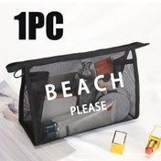 Resim BEACH PLEASE Baskılı Fileli Kozmetik Organizer Çantası - Siyah Polyester Fermuarlı Seyahat Tuvalet Çantası, Plaj, Spor Salonu ve Yurt İçin Taşınabilir Makyaj Saklama Çantası, Arkadaşlar & Öğretmenler İçin Hediye, Güvenli Fermuarlı Aksesuar 