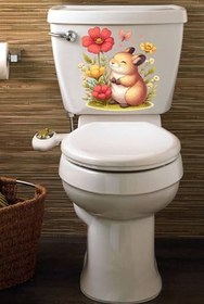 Resim Sevimli Minik Tavşan Kelebek ve Renkli Güller Temalı Klozet Sticker Banyo Sticker 