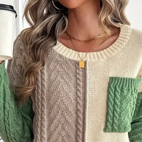 Resim Kadın Kazak - Bej & Yeşil Renk Bloklu Kazak, Sonbahar/Kış İçin Yumuşak Polyester Kazak, Günlük ve Resmi Kıyafetler için Şık Kazak, Sevimli Kazaklar, Yuvarlak Yaka Üst, Rahat Kesim 