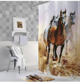Resim Banyo Paspas Ve Tek Kanat Duş Perdesi 1x180x200 Set Banyo Halısı Horses Beyaz 