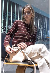 Resim Lela Standart Fit Çizgili Yumuşak Dokulu Crop Triko Bayan Hırka 4615551 Bordo 