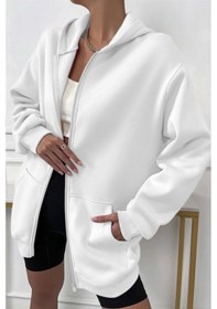 Resim Tarzsokak Kadin Ekru Kapüşonlu Fermuarlı 3 Üç Iplik Polar Kanguru Oversize Salaş Sweatshirt Beyaz Beyaz 