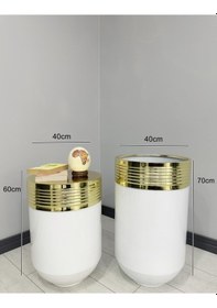 Resim Elegant Dekoratif Gold Darbuka Parlak Beyaz Saksı 70cm + 60cm Sehpa İkili Set 