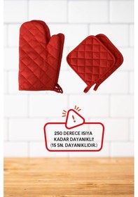 Resim Kırmızı Yanmaz Ve Isıya Dayanıklı 2 Fırın Eldiveni Ve 2 Tutacak 