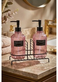 Resim Makri Home Modern Çizgili Yuvarlak Cam Ikili Sıvı Sabunluk & Deterjanlık Seti, Pembe- 500 Ml Cam Sabunluk 