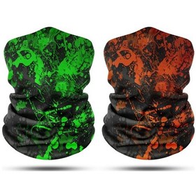 Resim Dair Yeşil Turuncu Boya Desenli 2'li Set Boyunluk Bandana Outdoor Balaklava Yüz Maskesi Kafa Bandı 