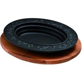 Resim Lava Döküm Oval Döner. Kebap Tabağı. Ahşap Altlıklı. Ölçü 21x16cm 