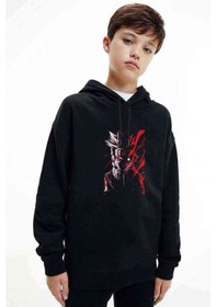 Resim Anime Naruto Red White Baskılı Unisex Çocuk Kapüşonlu Siyah Sweat 