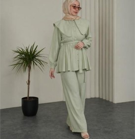 Resim Neşeli Butik kadın mint yeşili geniş kesim yaka detaylı kuşaklı ikili tesettür takım NBVQ3148 