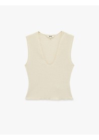 Resim Koton Bürümcük Kumaş Slim Fit Kolsuz V Yaka Bluz Ekru 6sak10015ek 