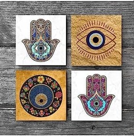 Resim Nazar, Fatma Ana Eli (Hamsa) Taş Bardak Altlığı Seti - 4 Parça - Dekoratif, Rustik Mutfak Aksesuarı, 10x10 cm, Kaydırmaz Tabanlı, Şık ve Dayanıklı SC511 