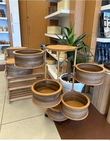 Resim Ahşap Yuvarlak Sebzelik 5 Katlı Yana Açılır Patates Soğan Tekerlekli Sebzelik Kahverengi 