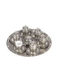 Resim Dmt Gaziantep Bakır Osmanlı Türk Kahve Fincanı Takımı 6 Kişilik Ağır İşlemeli Tepsi 34 Cm 