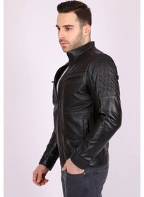 Resim Aclassics Erkek Siyah Hakiki Deri Hakim Yaka Omuzları Baklava Dikişli Spor Mont 