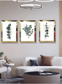 Resim YALOVA SHOP Modern Sanatsal Dijital UV Baskı Gold Ayna Pleksi Çerçeveli 3'lü Yeşil Çiçek Tablo Seti 