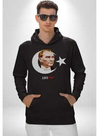 Resim Atatürk Türk Bayrağı Sonsuzluk Kadın Erkek Siyah Kapüşonlu Sweatshirt Hoodie Siyah 
