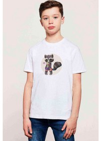 Resim Groot Kedi Baskılı Unisex Çocuk Beyaz T-Shirt 