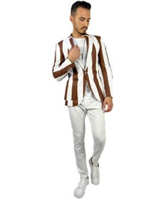 Resim AGUSTİNİ Kahverengi Beyaz Şerit Desen Torba Cep Blazer Tek Ceket Slim Fit | Agustini 