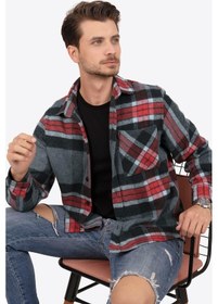 Resim Dağ Grisi Kırmızı Çizgili Over Erkek Gömlek Gri - Kırmızı 