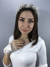 Resim Krem İncili Taç Ve Beyaz Püsküllü Bileklik Nikah Takımı 