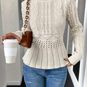 Resim Kadınlar İçin Şık Örgülü Kablo Kazak - Krem Beyaz Yuvarlak Yaka Uzun Kollu Süveter, Orta Esneklikte Makinede Yıkanabilir Sonbahar Kış Modası Üstü, Rahat Kışlık Giysi, Doku Yüzeyli, Dayanıklı Kışlık Giyim 