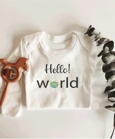 Resim İmaj Tuğbababy Hello World Dünya Desenli Uzun Kol Çıtçıtlı Organik Bebek Body Beyaz 