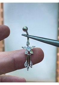 Resim 316 L Cerrahi Çelik Markiz Kesim Pırlanta Modeli Sallantılı Göbek Piercingi Gümüş 