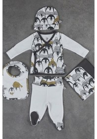 Resim Veropukahome Ecocotton Pingu Erkek Bebek Zıbın Seti 5'Li Beyaz 0-3 Ay Beyaz 