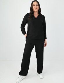 Resim Kadın Büyük Beden Keten Kumaş Polo Yaka İkili Takım 8071-24 - XL / Bej 