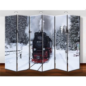 Resim Dekobul Kara Tren 6 Kanat Tekerlekli Kanvas Paravan 